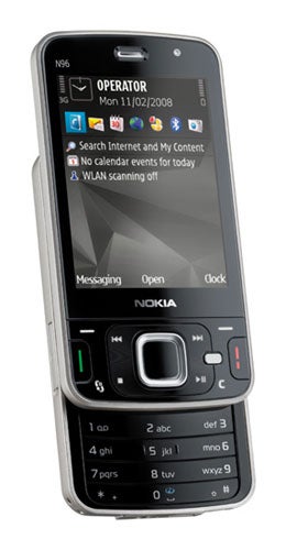 Nokia N96 smartphone with date and menu on display.