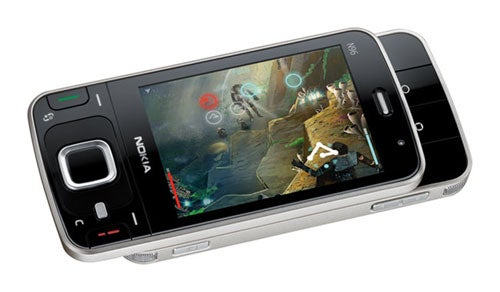 Nokia N96 smartphone displaying a game on screen.