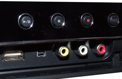 Close-up of LG DRT389H DVD Recorder front input ports