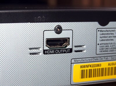 Close-up of LG DVD recorder HDMI output port.