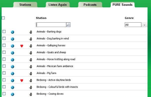 Screenshot of Pure Evoke Flow radio interface showing station lists.