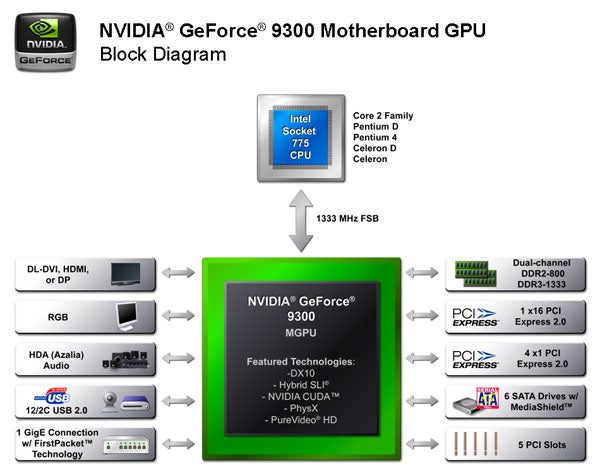 NVIDIA GeForce 9300 GPU block diagram with interface support details.