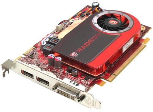 ATI Radeon HD 4670 graphics card with red and black cooler.