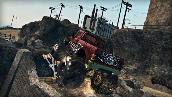 Saints Row 2 screenshot of car crashed into construction barrier.