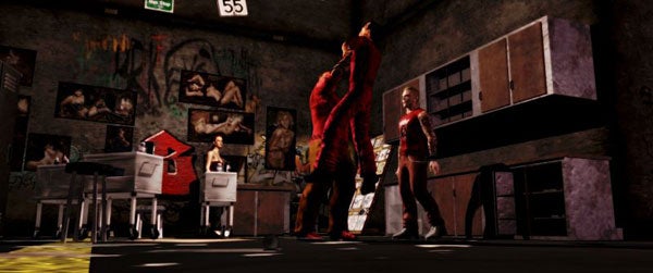 Screenshot from Saints Row 2 showing characters in a hideout.