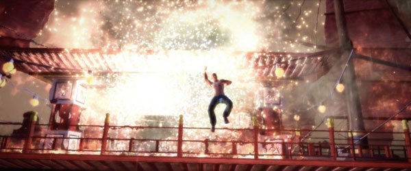 Saints Row 2 video game character jumping from explosion on bridge.