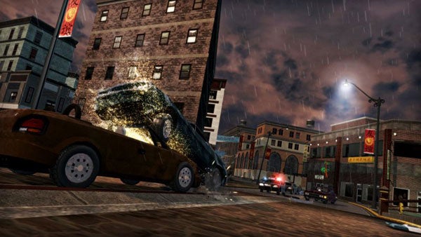 Car crash scene in Saints Row 2 video game.