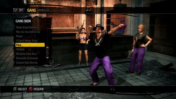 Screenshot of Saints Row 2 gameplay showing character customization menu.