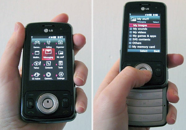 Hands holding LG KT520 phone displaying menu and slide-out keypad.