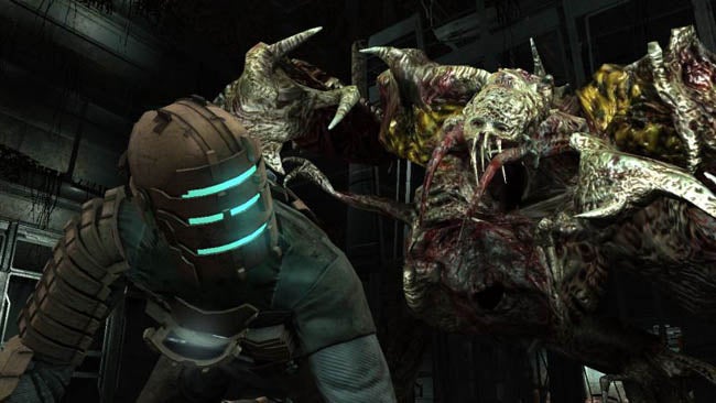 Dead Space game screenshot of character fighting alien monster.