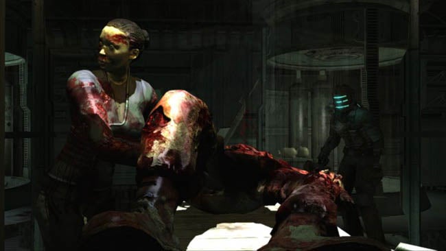 Screenshot from Dead Space showing a character fighting zombies.