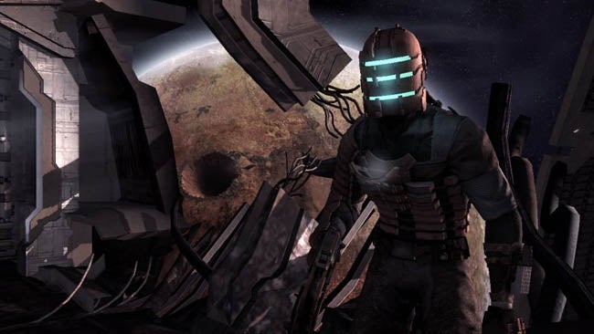 Dead Space game character in suit with glowing helmet.