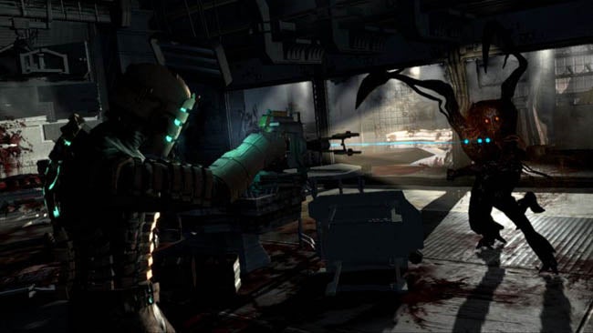 Screenshot of Dead Space game showing character and monster confrontation.