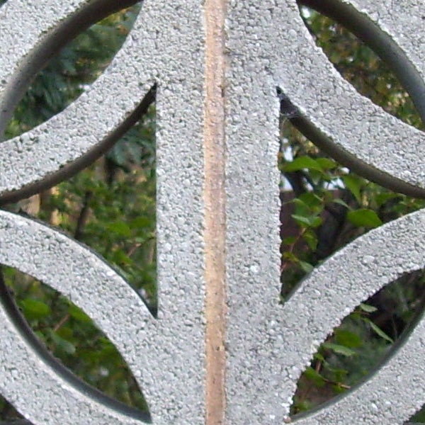 Close-up of a frost-covered metal railing with foliage in background