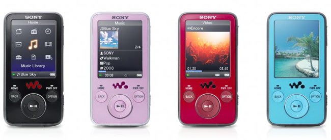 Sony Walkman NWZ-E436F in four colors displayed side by side.