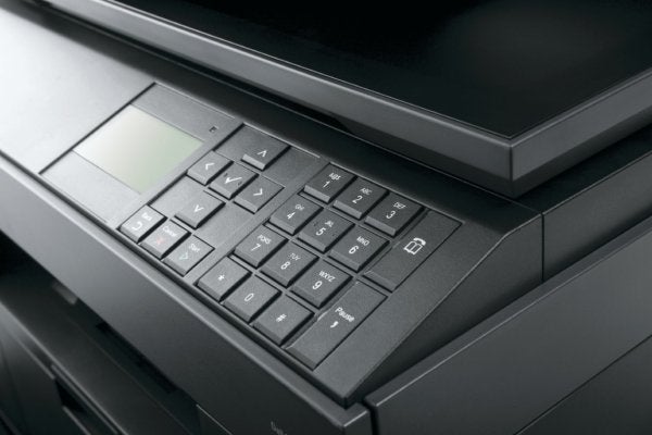 Close-up of Dell 2335dn MFP control panel and keypad