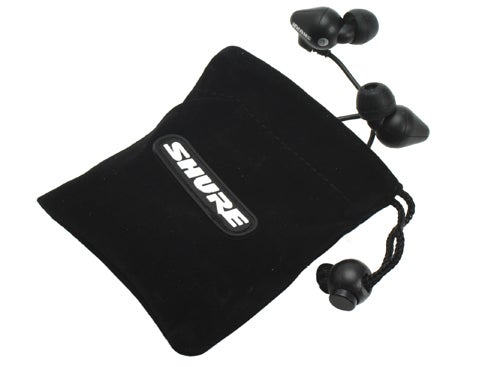 Shure SE102 earphones with black carrying pouch.