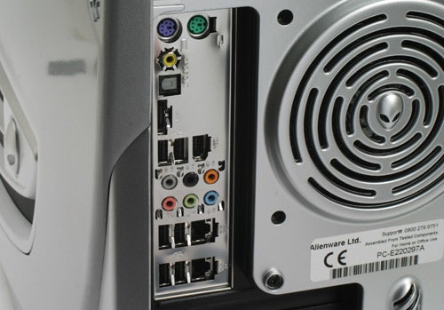 Close-up of Alienware Area-51 gaming PC rear ports and cooling fan.