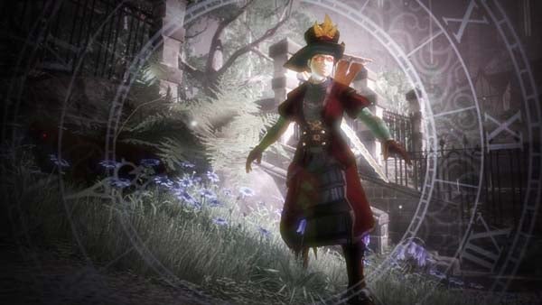 Character in Fable II game with magical backdrop.