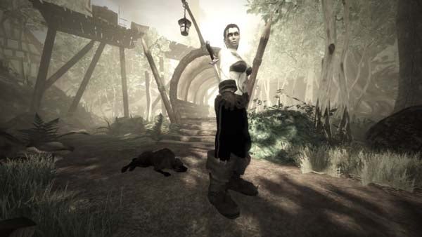 Fable II gameplay screenshot showing two characters in a forest.