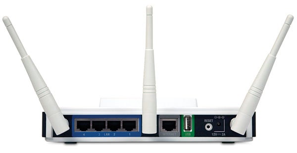D-Link Wireless Router DIR-855 rear view showing ports and antennas.