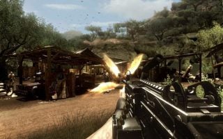 First-person shooting scene from Far Cry 2 video game.