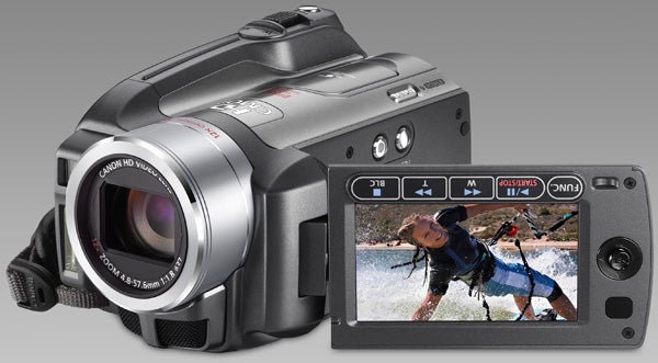 Canon HG20 camcorder with LCD screen displaying video playback.