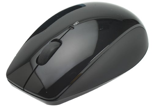 Black wireless mouse on a white background.