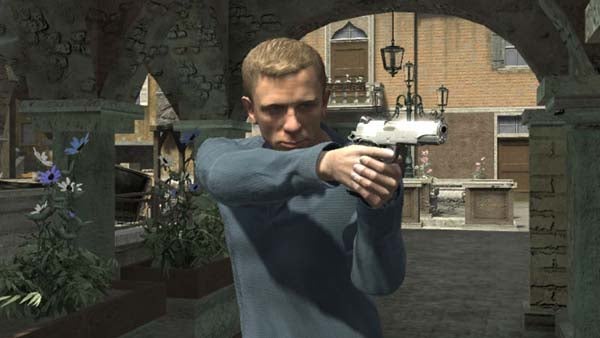 Video game character aiming a gun in Quantum of Solace game.