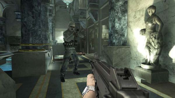 First-person perspective of gameplay in Quantum of Solace video game.