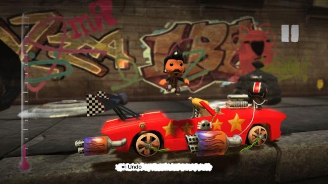 Screenshot of LittleBigPlanet character in custom car.