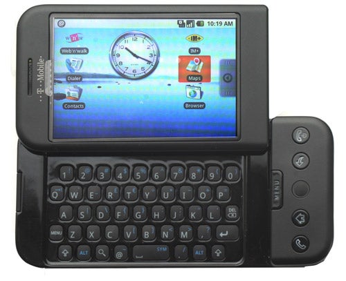T-Mobile G1 Google Android smartphone with open keyboard.