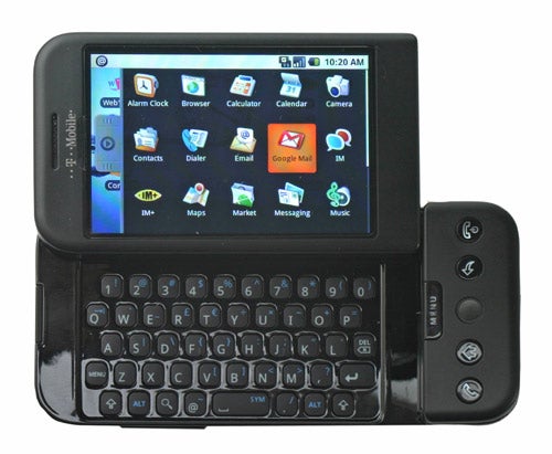 T-Mobile G1 smartphone with slide-out keyboard and screen display.