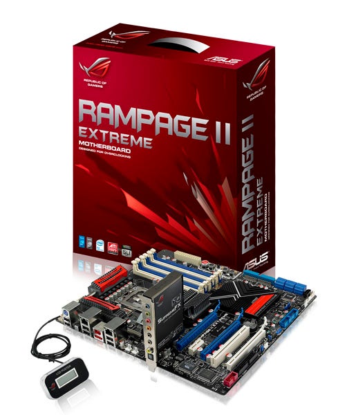 Asus Rampage II Extreme motherboard with packaging and accessories.