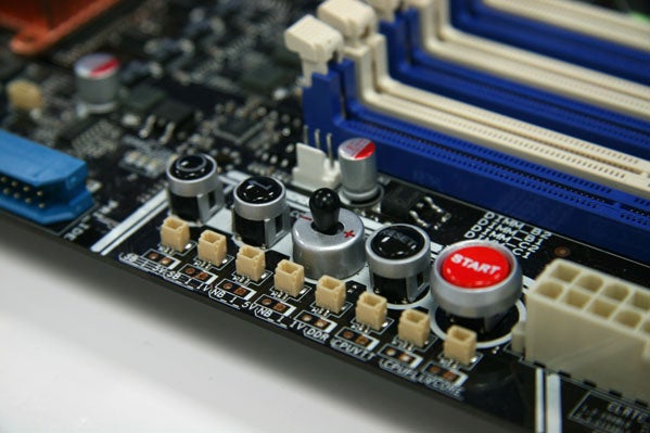 Close-up of Asus Rampage II Extreme motherboard components.