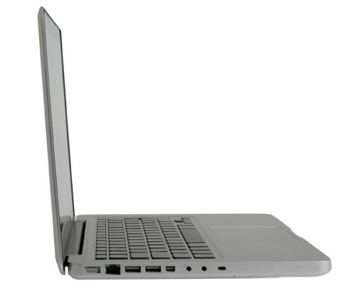 Side view of an open Apple MacBook 13-inch Aluminium 2008 Edition.