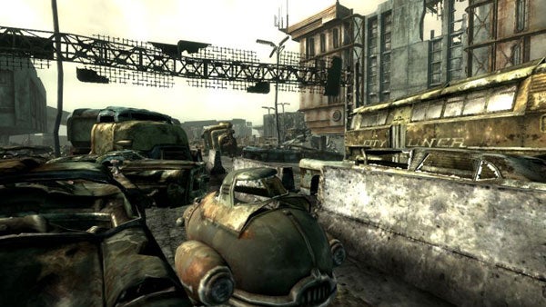 Screenshot of Fallout 3 game showing a post-apocalyptic cityscape.