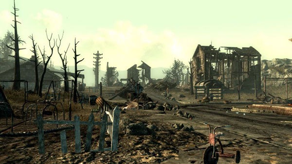 Fallout 3 video game screenshot showing desolate landscape.