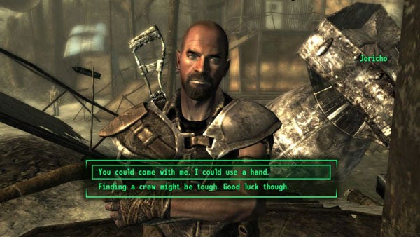 Screenshot from Fallout 3 game showing character Jericho and dialogue options.