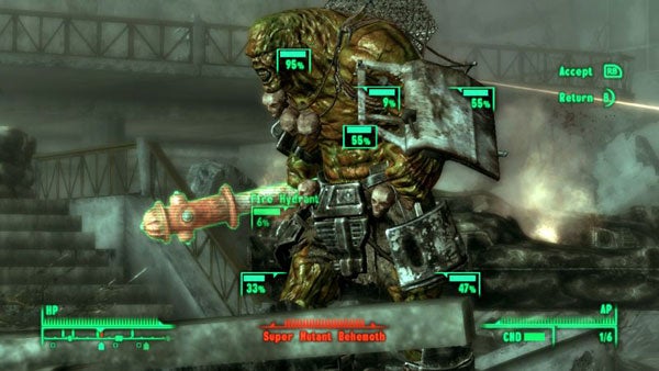 Fallout 3 gameplay showing combat with Super Mutant Behemoth.