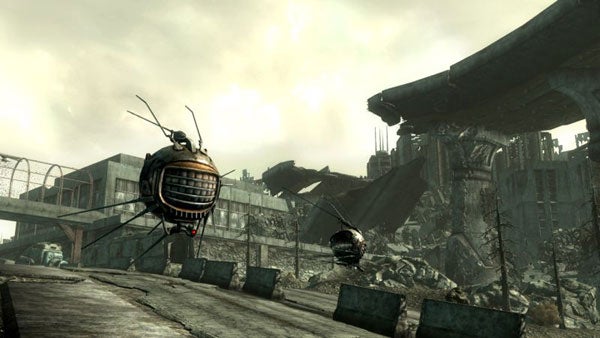 Screenshot from Fallout 3 featuring flying robots in a wasteland.