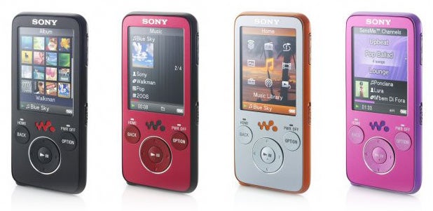 Four Sony Walkman NWZ-S639F players in different colors.