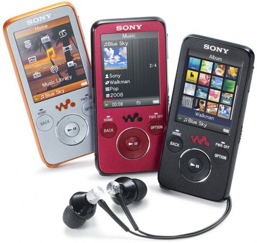 Three Sony Walkman NWZ-S639F MP3 players with earphones.