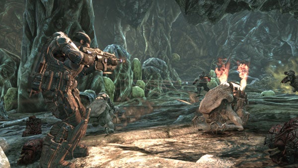 Screenshot of gameplay from Gears of War 2 showing a combat scene.
