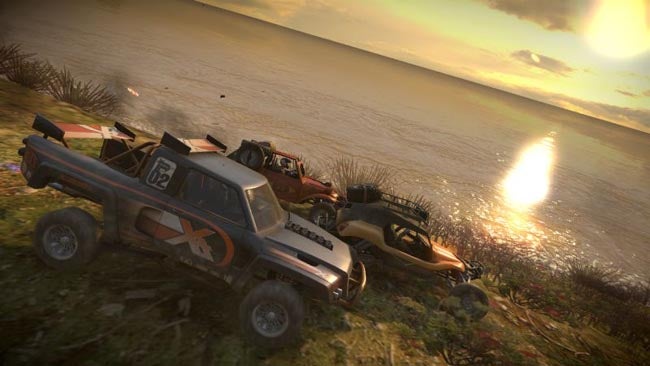 Screenshot of MotorStorm Pacific Rift gameplay with vehicles.