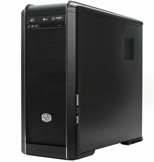 Cooler Master computer case standing upright on white background.