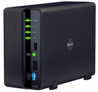 Synology DiskStation DS209+ NAS device with status lights on.