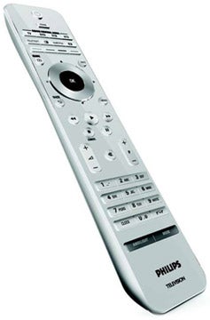 Philips TV remote control on white background.