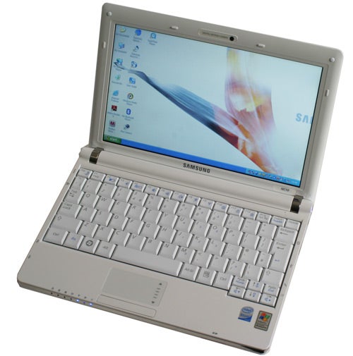 Samsung NC10 netbook with open lid showing screen and keyboard.
