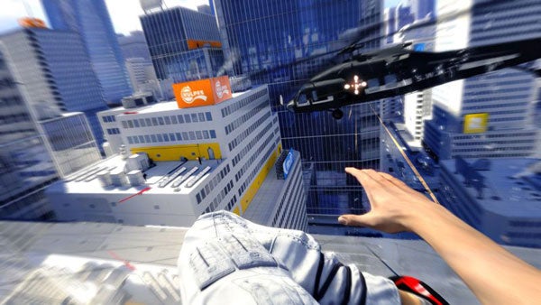 First-person view of a character parkouring in Mirror's Edge game.